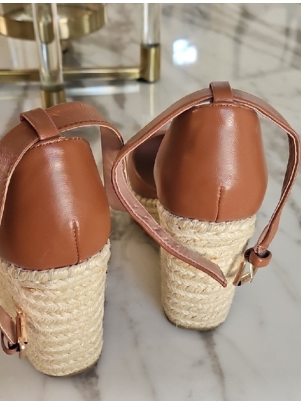 BCBG MAZAWomen’s Tan Espadrille Wedge Sandals with Ankle Strap
